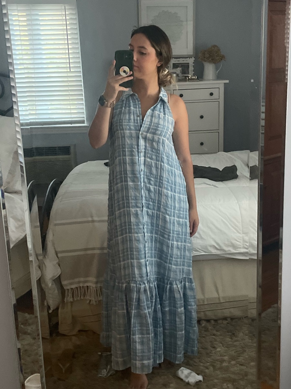 Anthropologie Light Blue Plaid Sleeveless Maxi Dress